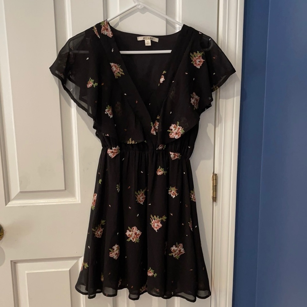 Black Flutter Sleeve Dress w/embroidered flowers.